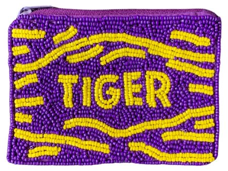 PURPLE AND GOLD TIGER BEADED POUCH on Sale